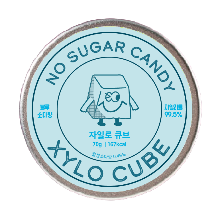자일로큐브 Blue Soda 맛 무설탕 자일리톨 캔디 제품 라벨