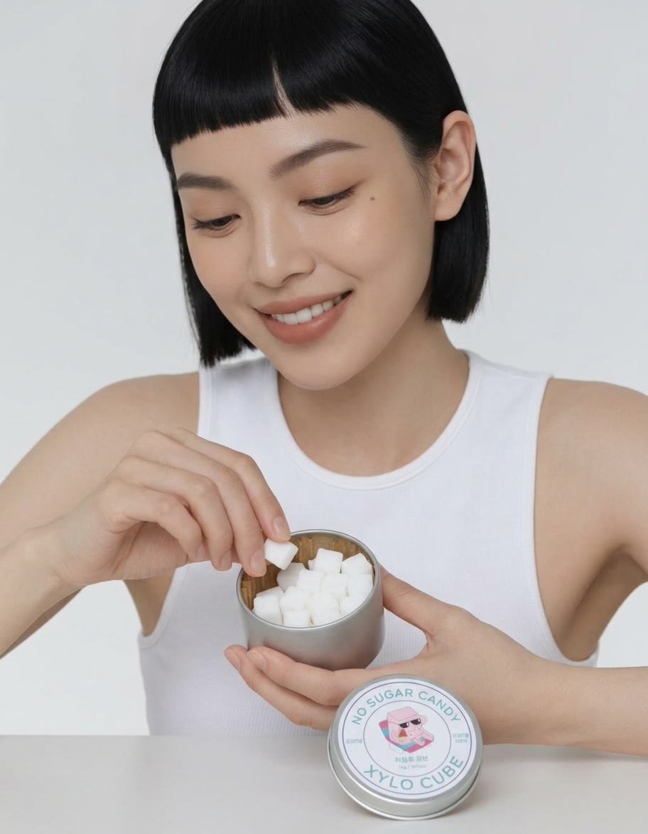 자일로큐브 무설탕 자일리톨 큐브를 틴에서 집으며 미소 짓는 모습