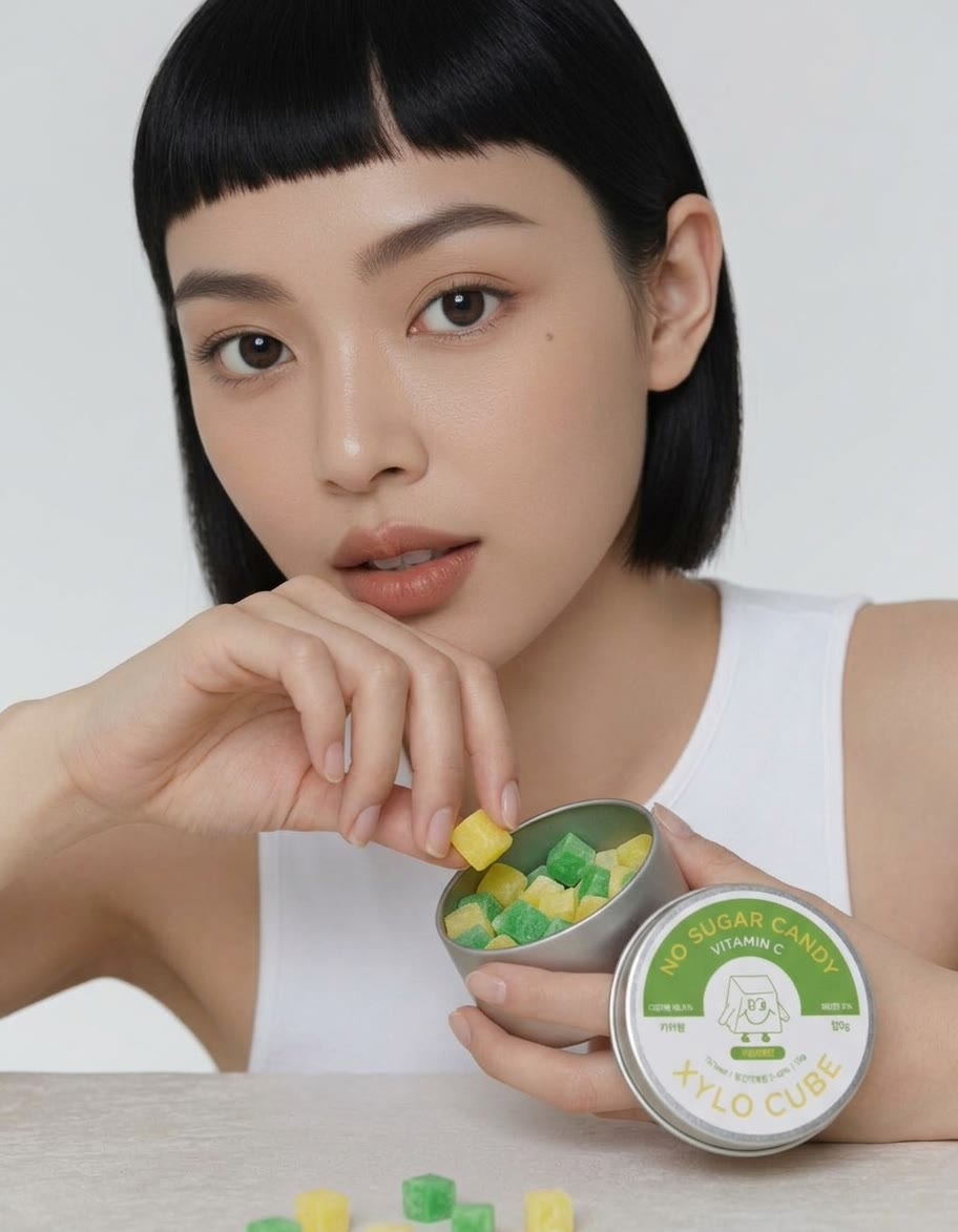 자일로큐브 비타민C 무설탕 자일리톨 큐브 캔디 틴에서 큐브 한 알을 집는 모습